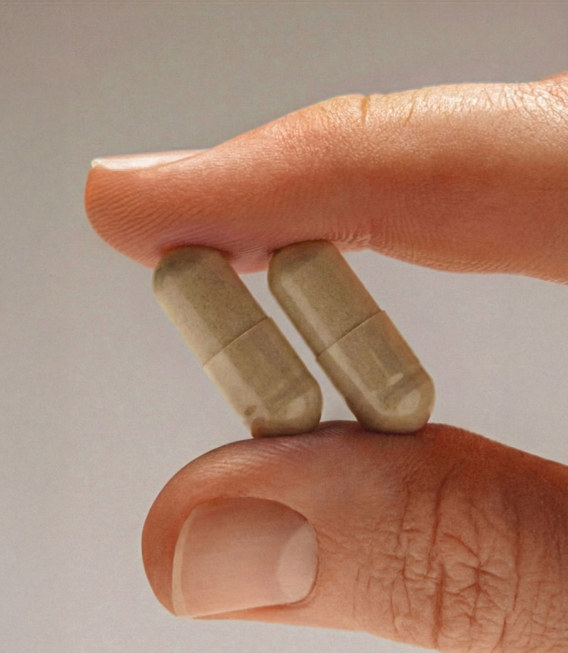 Hand holding two VIVID Recovery capsules — NAC, milk thistle, ginger and vitamin B1 hangover support supplement.