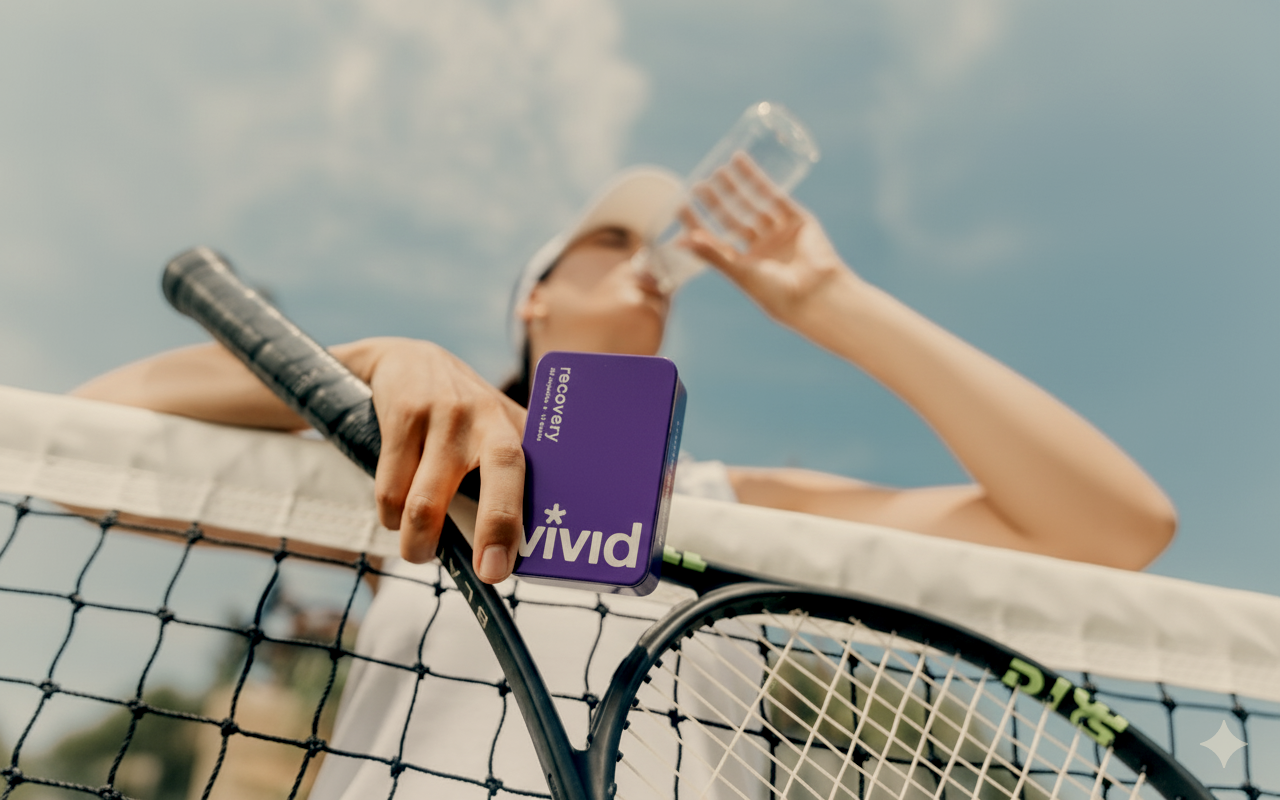 Person holding a tennis racket  and a box of vivid tin, a hangover recovery and support supplement