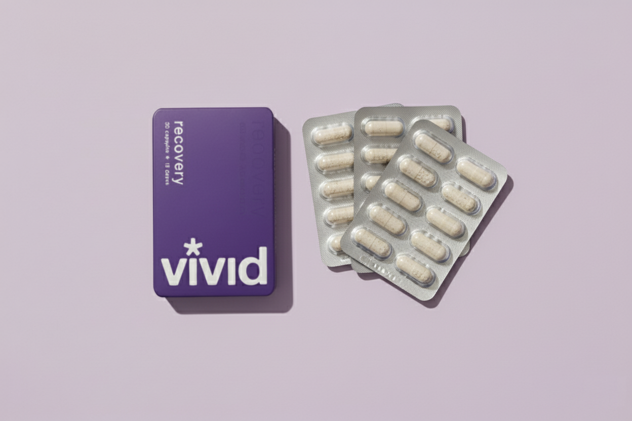 Product image of vivid tin with blister packs of 15 doses for hangover recovery and support supplement